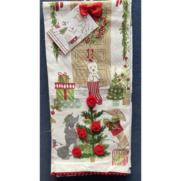 CHRISTMAS PUPPY DOG Kitchen Towel Set of 2 Embroidered BEADED Detailed 20" x 28 - Picture 12 of 12